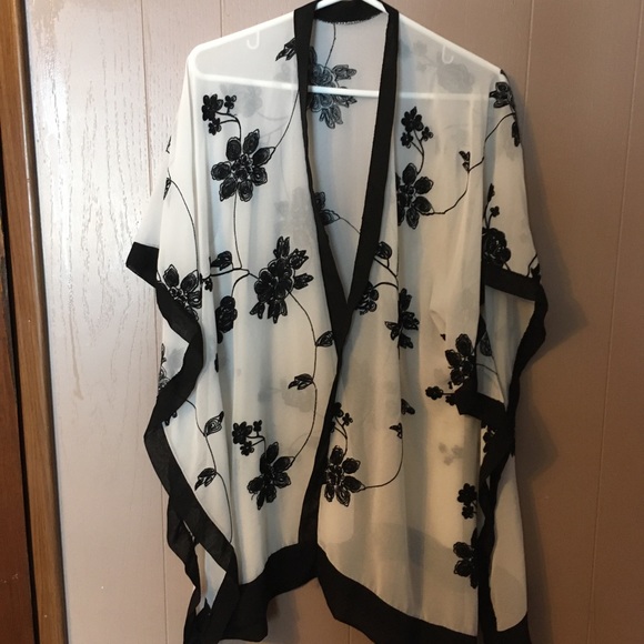 Sweaters - Unbranded white sheer one size kimono open cardigan w/ embroidered black flowers